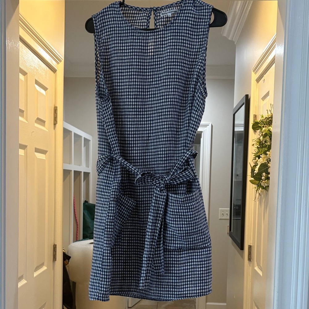 Reformation Navy Checkered Mini Dress